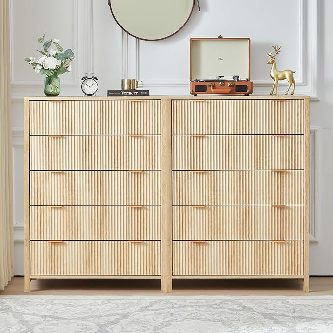 5 Drawer Dressers for Bedroom, Modern Closet Chest of Drawers with Waveform Fluted Panel, Large Wood Storage Dresser Organizer for Nursery Bedroom Living Room Hallway Closet, Natural