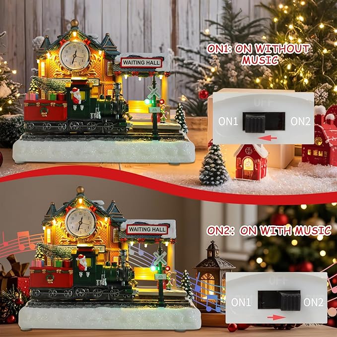 Bdor Christmas Train Station Decoration – Lighted Animated Holiday Village Scene with Train, Clock Tower & Waiting Hall – Plug-in Resin Christmas Tabletop Ornament – 9.8"x5.5"x7.9"