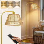 Oneach Arc Floor Lamp for Living Room with 3 Color Temperatures, Farmhouse Floor Lamps with Remote & Dimmable Bulb, Rattan Boho Floor Lamp with Hand-Woven Wicker & Fabric Shade