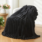 NEWCOSPLAY Super Soft Throw Blanket Black Premium Silky Flannel Fleece 3D Ribbed Jacquard Lightweight Bed Blanket All Season Use (Black Ribbed, Throw(50"x60"))