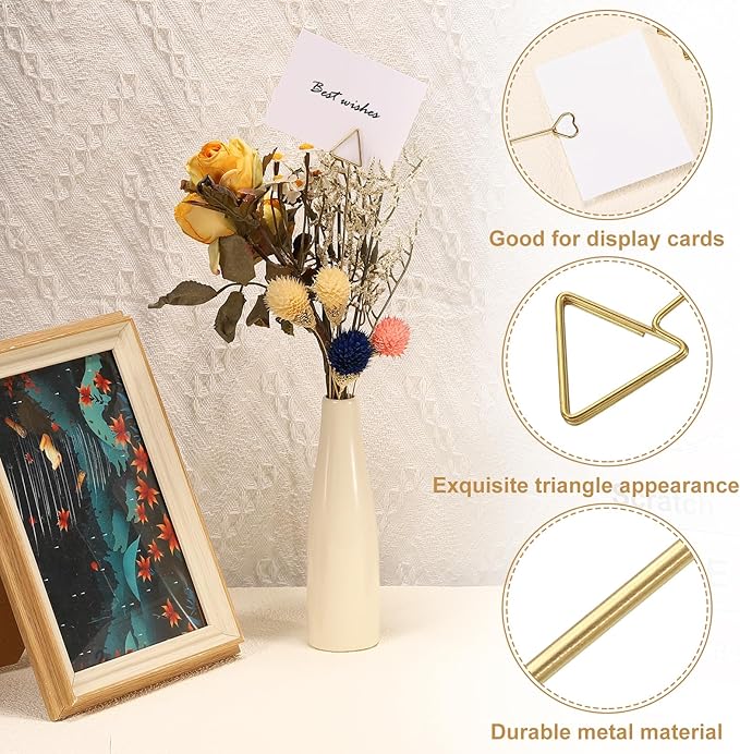 uxcell 30 Pcs Table Card Holders, 11.8 Triangle Metal Craft Wire Clips Picture Clip Table Number Holders Picks for Wedding, Photos, Memo, Restaurant, Gold