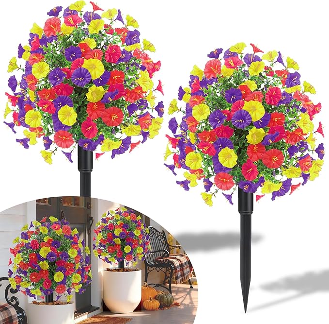 22.8" Set of 2 Fall artificial Boxwood topiary Ball tree for outdoors with Spike,UV Resistant Faux Shrubs Outdoor with morning glory flowers,Faux Plants Bushes for Garden Porch Yard Patio Decor Mix