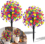 22.8" Set of 2 Fall artificial Boxwood topiary Ball tree for outdoors with Spike,UV Resistant Faux Shrubs Outdoor with morning glory flowers,Faux Plants Bushes for Garden Porch Yard Patio Decor Mix