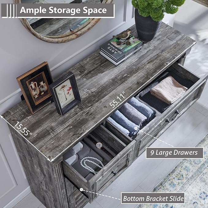 Farmhouse 9 Drawers Dresser for Bedroom, 55" Wide Large Dressers & Chests of Drawers w/Roman Column, Storage Dressers Organizer for Bedroom, Hallway, Living Room, Light Grey