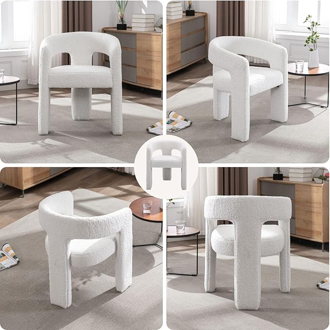 White Boucle Dining Chairs Set of 4, Modern Barrel Dining Room Chairs Upholstered Faux Fur Accent Chair with Arms and Round Back for Living Room Kitchen Armchair No Assembly Needed