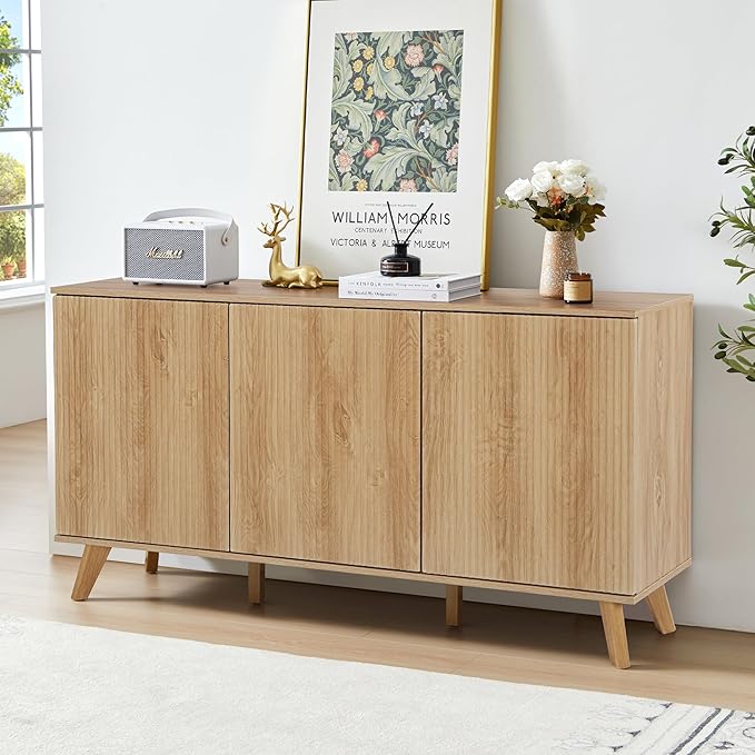 Fluted Sideboard Buffet Cabinet with Storage, Modern Storage Cabinet with 3 Doors, Wood Credenza Buffet Sideboards, Bar Cabinets Console Table for Kitchen Dining Living Room Entryway (Natural)