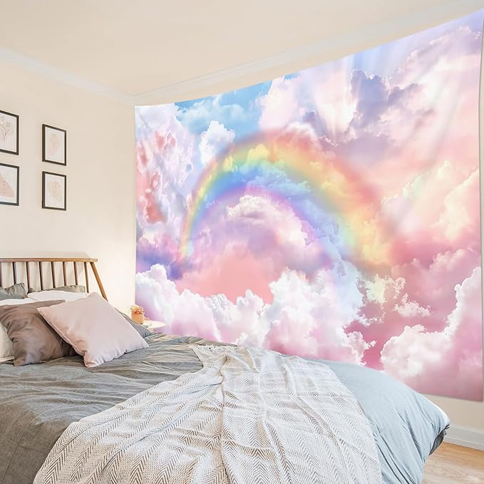 HVEST Rainbow Cloud Tapestry Wall Hanging - Rainbow and Pink Cloud With Glow Sunshine in Pastel Sky, Aesthetic Nature Landscape for Living Room Bedroom Decor, 59x51 Inches