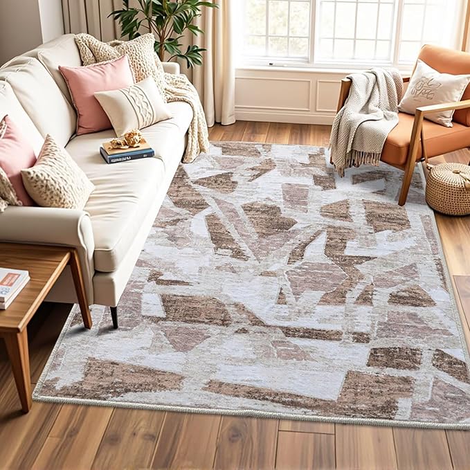 Modern Abstract 6X9 Area Rug for Living Room Bedroom Washable, with Non-Slip Rubber Backing Print Faux Wool Thin, Brown Throw Large Carpet for Kids Playroom Dining Room Pet & Child Friendly