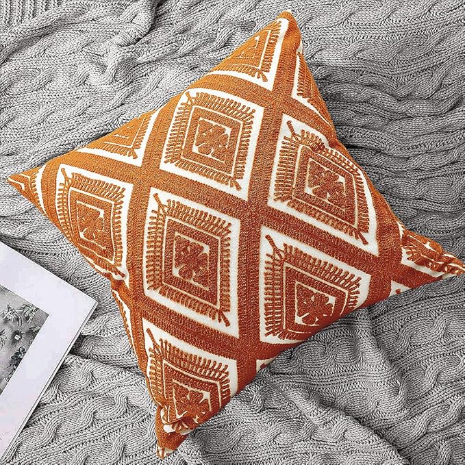 Alysheer Embroidered Decorative Throw Pillow Covers 18x18 inches Set of 2 Pieces, Boho Geometric Modern Chic Classic Pattern Cotton Cushion Cases for Sofa Couch Bed Living Room(Burnt Orange)