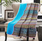 Cozyholy Boho Quilt Twin Size 100% Cotton Quilted Blanket Colorful Bohemian Striped Bedspread Coverlet Reversible Lightweight Stitch Vintage Bed Cover Throw Blanket for Couch Sofa Blue