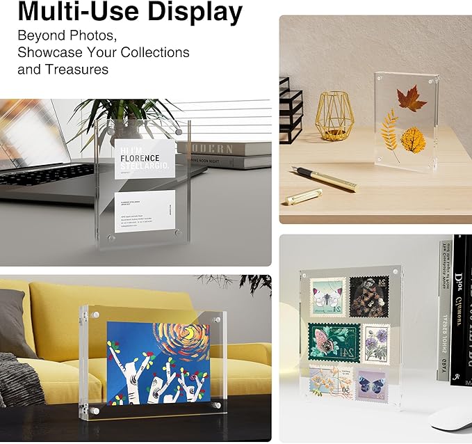 HOUSE DAY Acrylic Picture Frames 5x7, 6 Pack Magnetic 5x7 Picture Frame, Double Sided Clear 5 x 7 Photo Frame with Microfiber Cloth, Frameless FreeStanding 5x7 Frame Gift for Desktop Display