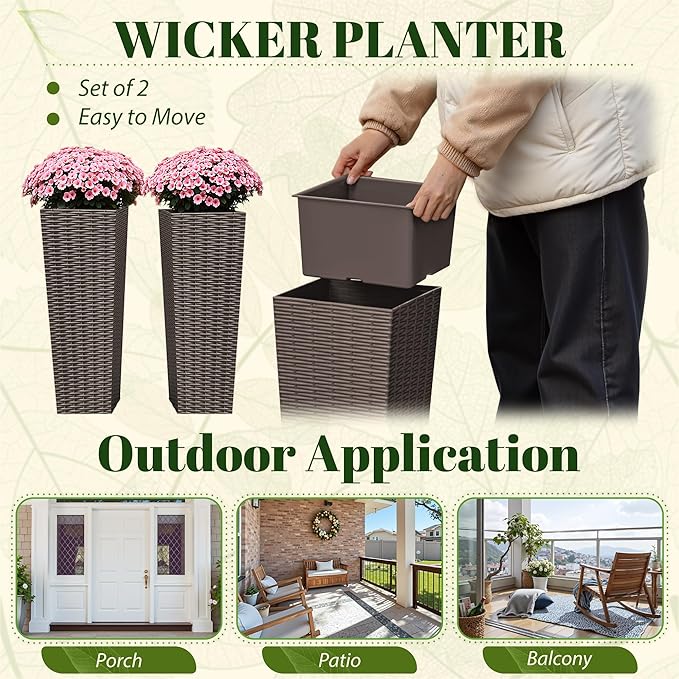 JUMMICO Set of 2 Resin Rattan Tall Planters for Outdoor Plants, Large Tapered Planters with Drainage Holes&Inner Trays, Flower Pots for Garden, Patio, Porch, Backyard (Brown, 24'')