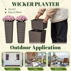 JUMMICO Set of 2 Resin Rattan Tall Planters for Outdoor Plants, Large Tapered Planters with Drainage Holes&Inner Trays, Flower Pots for Garden, Patio, Porch, Backyard (Brown, 24'')