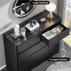 Black Dresser for Bedroom, 8 Drawers Double Fluted Dressers, Modern Chest of Drawers with Curved Profile, Handleless, Storage Closet Dressers for Bedroom, Living Room, Entryways, Natural