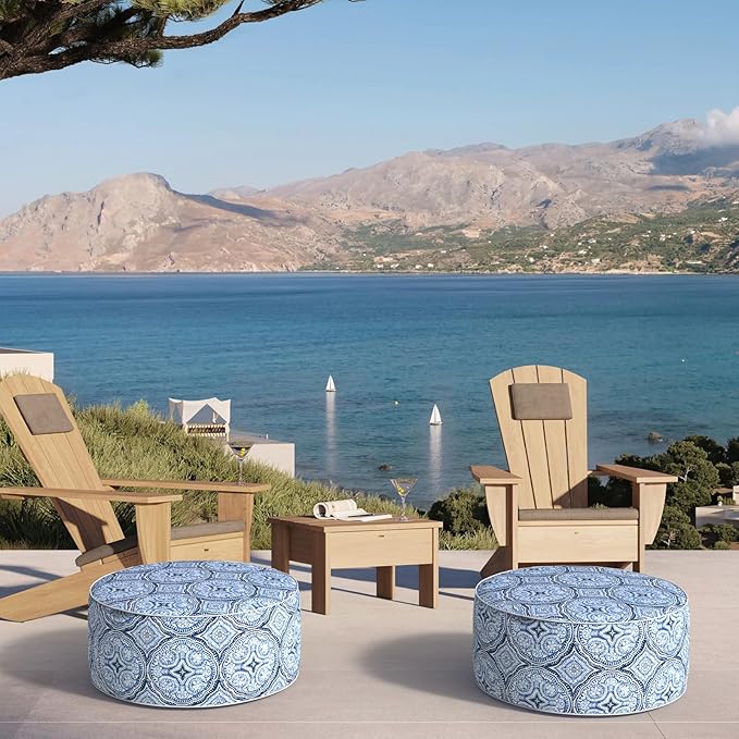 Inflatable Ottoman Stool D21 xH9 for Outdoor/Indoor Use, Water Repellent Patio Foot Rest Stool with Portable Handle,Round Pouf Ottoman Suitable for Garden,Deck and Camping - Medallion Blue