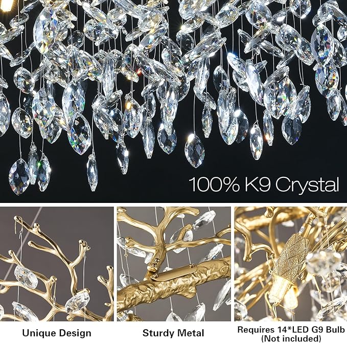 Modern Crystal Chandeliers for Dining Room Over Table, 40" Round Gold Tree Branche Chandelier, Large Crystal Chandelier for Living Room,High Ceiling,Foyer,Entryway,Kitchen Island,Staircase
