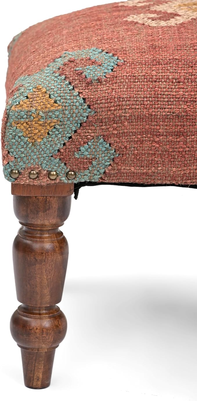 Handmade Jute Soft Ottomans Square Shape Stool for Sitting and Foot Rest with Wooden Legs, Entryway Modern Stool for Living Room, Bedroom, Hall (Red, L 15.74 x W 15.74 x H 14 inch)