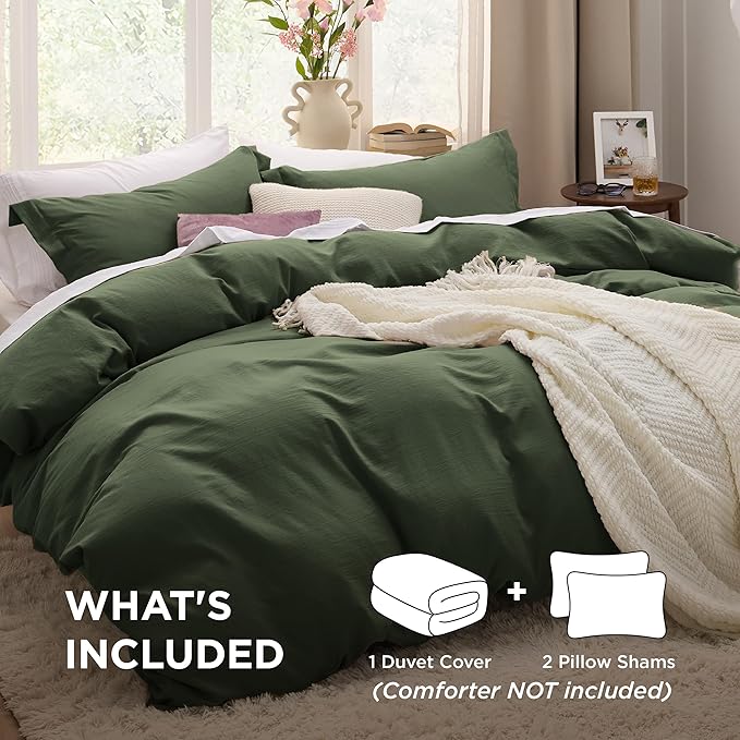 Bedsure Olive Green Duvet Cover Full Size - 3 Pieces Prewashed Extra Soft Cotton-Like Bedding Set, Includes 1 Duvet Cover 80x90 Inches with Zipper Closure & 2 Pillow Shams, Comforter Not Included