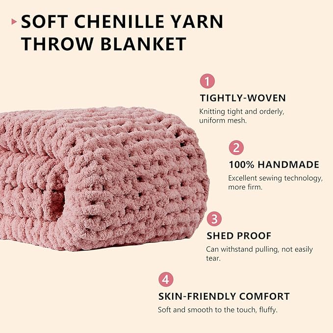 L'AGRATY Chunky Knit Blanket Throw - Soft Chunky Throw Blanket 50x60: 100% Hand Kintted Chenile Crochet Throw Blanket for Couch - Large Cable Knit Chunky Blanket for Home Decor(Rose Pink)