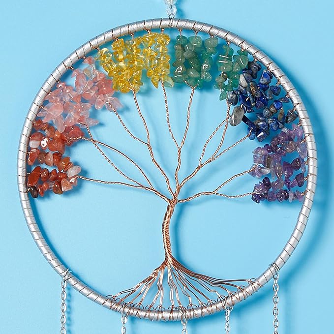 Rainbow 5 Agates Gemstone Dream Catcher Tree of Life Chakra Dream Catcher with Healing Crystal Stones Handmade Dreamcatcher Wall Decor for Adults Boys Girls,Bedroom,Wedding,Garden,Bless Gift