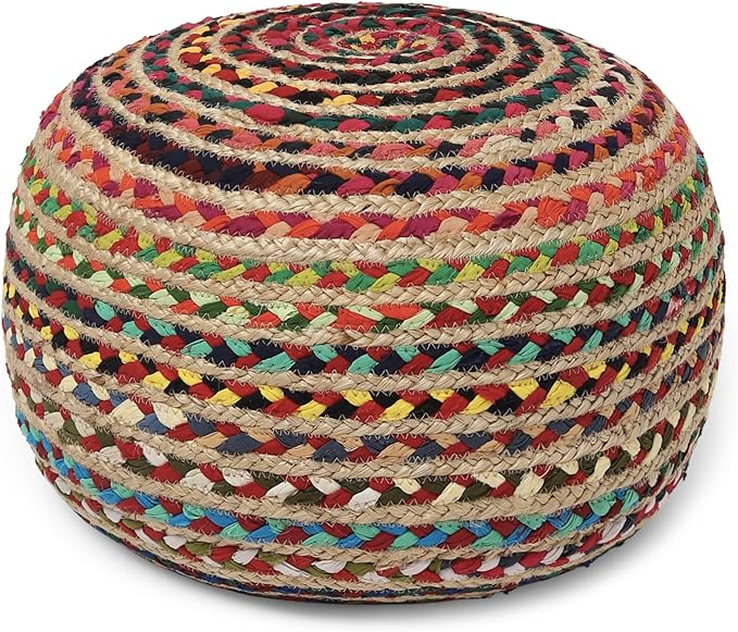 REDEARTH Round Pouf Ottoman - Braided Boho Poof Home Décor Pouffe Accent Sitting Circular Foot Rest for Living Room, Bedroom, Nursery, Kidsroom, Lounge; Jute and Cotton (19.5"x19.5"x14"; Multi)