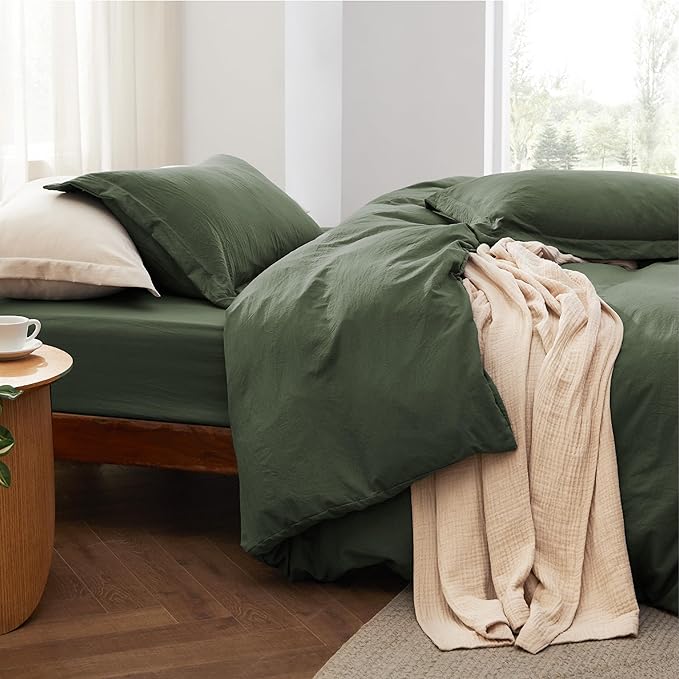 Bedsure California King Size Duvet Cover with Fitted Sheet - 4 Pieces Prewashed Cotton-Like Extra Soft Bedding Set, Includes 1 Duvet Cover 104x98 Inches, 2 Pillow Shams, 1 Fitted Sheet, Olive Green