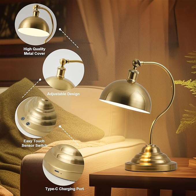 Cordless LED Table Lamp Set of Two, Swing Arm Desk Lamp, Rechargeable, Dimmable/3 Color/Memory Function, Modern Rechargeable Table Light for Living Room,Bedroom,Bedside, Brass
