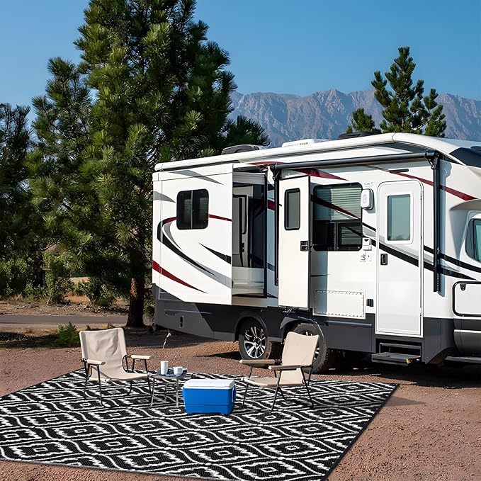 OLANLY Outdoor Rug 9x12 ft Waterproof, Outdoor Plastic Straw Rug with Geometric Pattern Clearance, Reversible RV Mat for Patio, Camping, Balcony, Deck, Backyard, Black & White