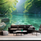 BSFHH Nature Tapestry Forest Tree Sea Cave Wall Hanging, Stream Through Rainforest Landscape Wall Art Tapestry for Bedroom Living room (Lake View, 79"×59", Unframed)