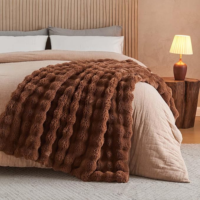 Lotus Karen Faux Fur Throw Blanket Dark Coffee - Big Bubble Rabbit Fluff Blanket for Couch Bed Sofa,Softest Fluffy Fuzzy Cozy Blanket,Thick Furry Plush Shaggy Warm Blankets for Women,50x60 Inches