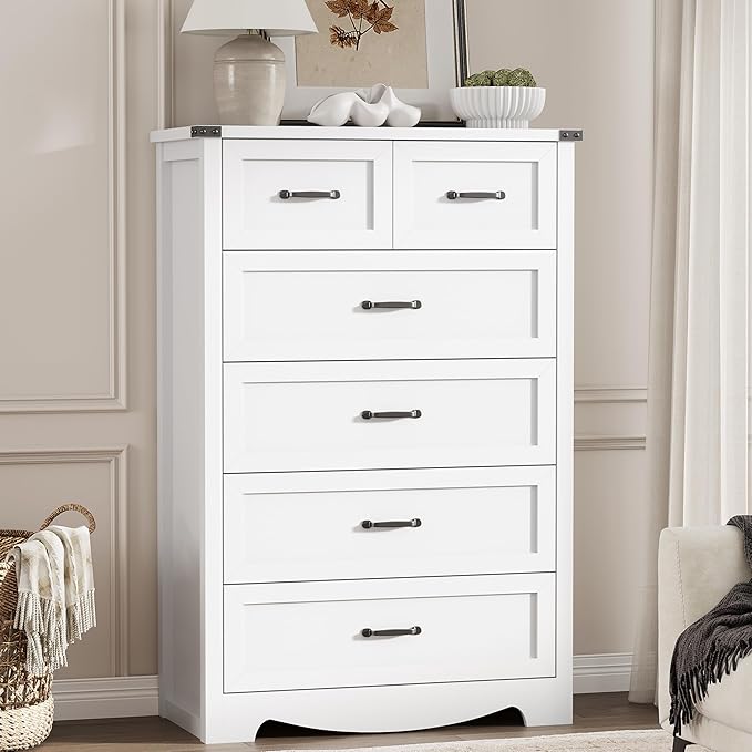Dresser for Bedroom with 6 Drawers, 46" Tall Wood Chest of Drawers with Deep Drawers & Mental Handle, Modern Dresser TV Stand, Wooden Closet Storage Organizer for Living Room, Hallway, Entryway, White