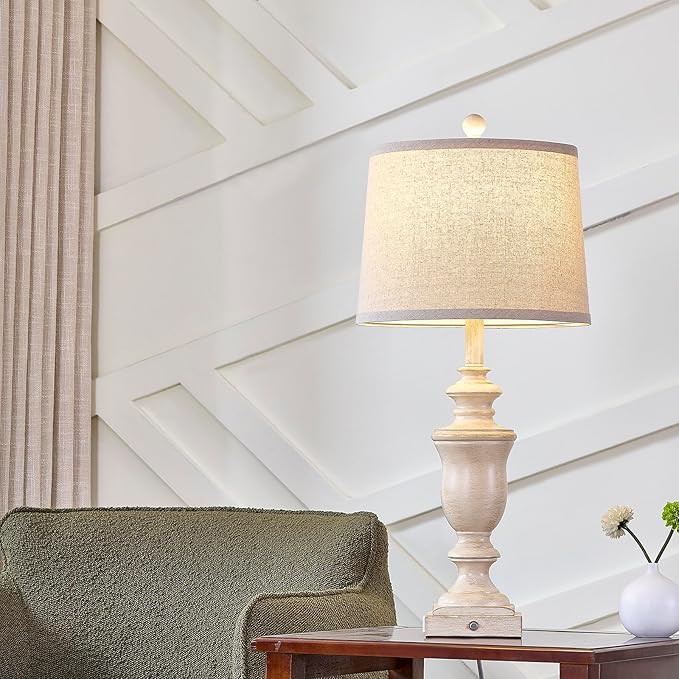 27.5" Set of 2 Farmhouse Table Lamps for Bedroom, 3 Way Dimmable Bedside Lamp with 2 USB +AC Outlet Nightstand Lamps for Living Room Resin Rustic Touch Lamps (Antique Beige)