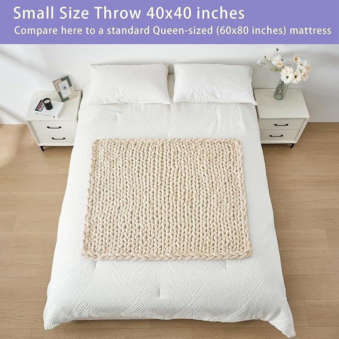 Bigacogo Chunky Knit Throw Blanket for Couch, 40x40 inches, 100% Hand Knitted with Thick Jumbo Chenille Yarn, Cozy Soft Large Rope Knot Cable Crochet Blankets for Sofa Bed Living Room, Beige