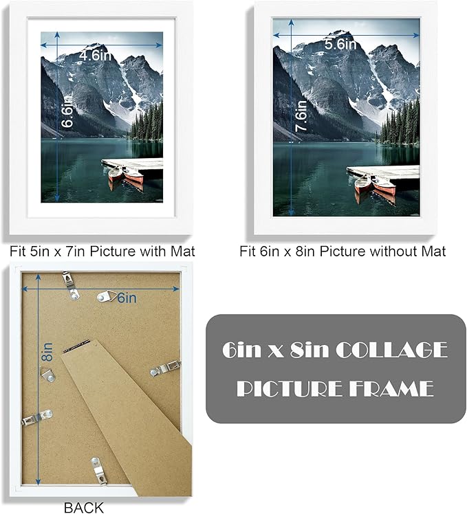 6x8 Picture Frame with Real Glass - Display Pictures 5x7 with Mat or 6 x 8 without Mat, Photo Frame for Wall or Table Top Display(White, 3 Pack)
