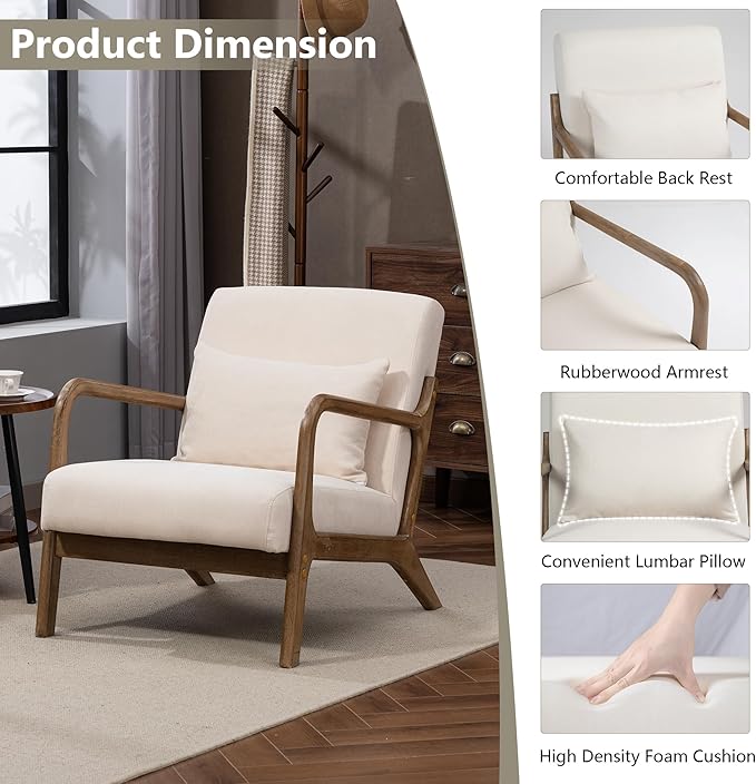 Modern Accent Chair, Cotton Linen Fabric Upholstered Lounge Armchair with Solid Wood Frame for Living Room, Bedroom, Reading Nook (White1)