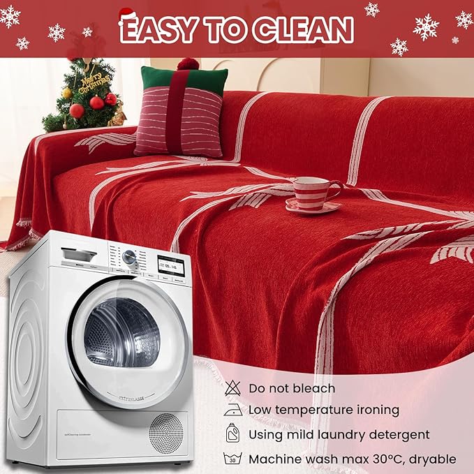 Chenille Armchair Sofa Slipcover Washable Furniture Protector Recliner Couch Cover 1-Piece Cushion Stain Resistant Chair Cover Soft Breathable Couch Cover Blanket, Red Bow 71"x 150"