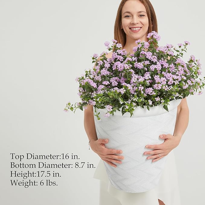 Worth Garden 2-Pack 16" Large Round Planter - Weave Pattern Lightweight Plastic Plant Pot 16" x 17.5" for Indoor Outdoor Use - Decorative Containers for Front Porch Home Yard Deck Patio - White