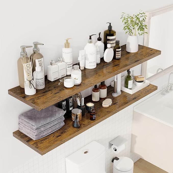 Dreamland 55" Floating Shelves for Wall, 12" Deep Slim Rustic Brown Floating Shelves, Wall-Mounted Shelves for Bedroom, Living Room, Kitchen, Bathroom - Set of 2