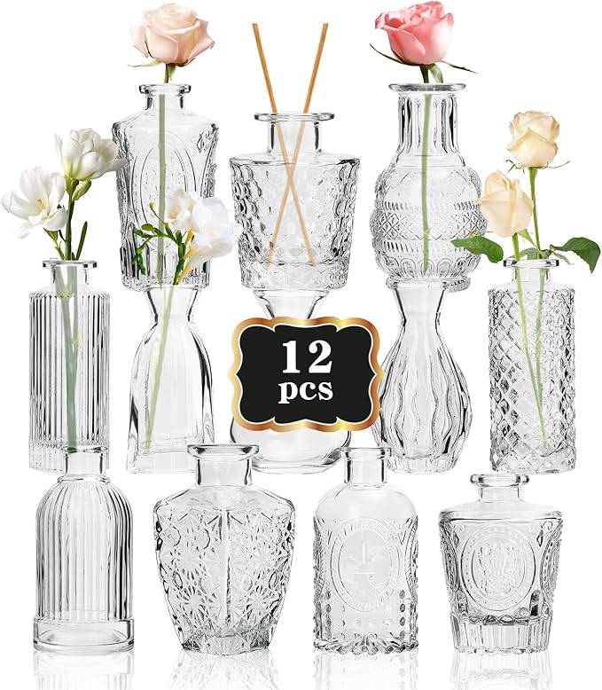 RUCKAE Small Clear Bud Vases Bulk 12 Pack Mini Flower Glass Vases for Centerpiece Table Wedding Decorations Home Decor Party(Transparent)