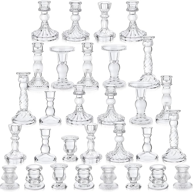 Mumufy 30 Pcs Glass Crystal Taper Candle Holders Clear Glass Candlestick Holder Fit 0.8 Inch Candles Crystal Decorative Candle Stand Centerpiece Table Wedding Dining Party (Classic,Clear)