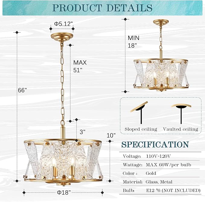Modern Gold Round Chandelier 6 Light Drum Glass Chandelier Light Fixture18in Hammered Glass Chandelier for Dining Room Kitchen Entryway Bedroom Breakfast Nook
