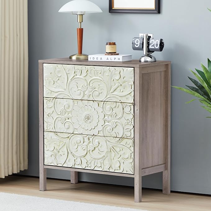 3 Drawer Dresser, Vintage French Chest of Drawers with Storage, Farmhouse Distressed Boho Nightstands Set of 2, Small Wide Dresser for Bedroom Hallway Living Room Entryway (2, Rustic Brown Gray)