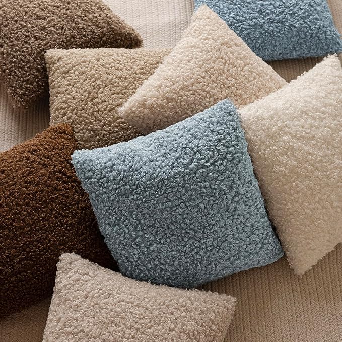 Foindtower Set of 2 Curly Teddy Wool Pillow Covers Decorative Boucle Textured Lumbar Throw Pillow Faux Fur Sherpa Pillowcases Sheepskin Fuzzy Cushion Case for Sofa Bedroom Car 12"x20" Misty Blue