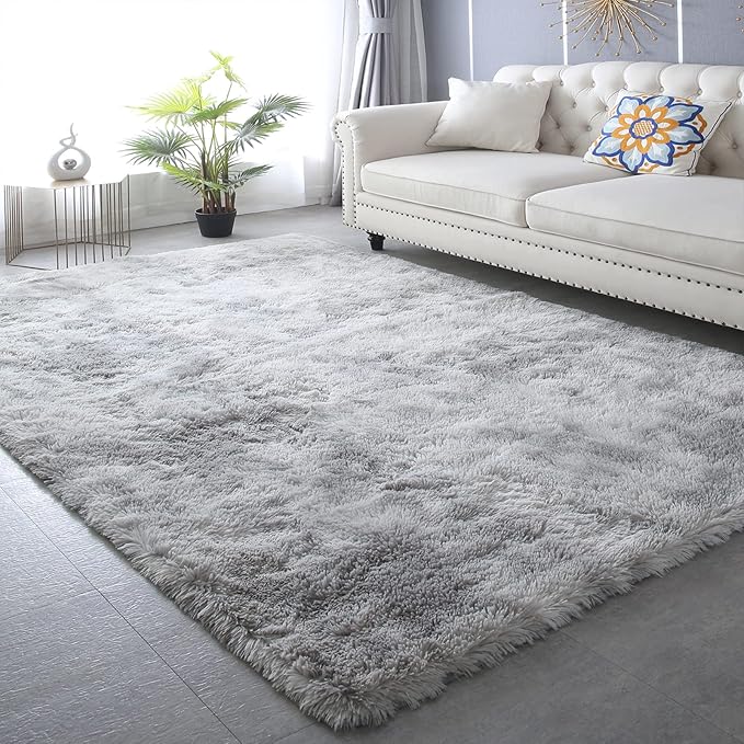 CAIYUECS Grey Shag Area Rug for Bderoom: Gray Area Rugs 3x5- Ultra Soft Plush Shag Rug for Bedroom, Living Room, Nursery, Kids Room - Modern Home Decor (Tie-Dyed Light Gray, 3x5 Feet)