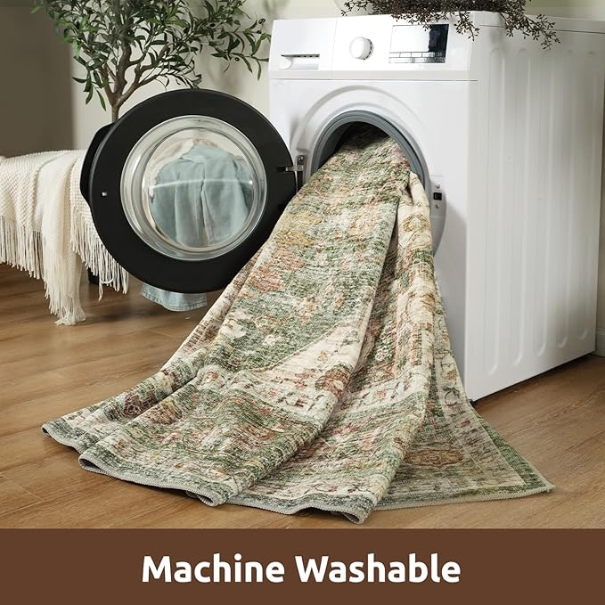 AMOAMI-4X6 Area Rugs for Living Room -Soft Vintage Bedroom Rugs-Non Slip Washable Rug-Throw for Living Room Bedroom Bedside Dining Room Office Green