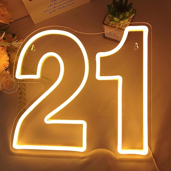 SYLHOME 21 Twenty one Led Neon Light Sign 21th Happy Birthday Party Anniversary Wall Decor Sign Number Table Sign Home Bar Pub Club Wedding Decor USB 12"X11"