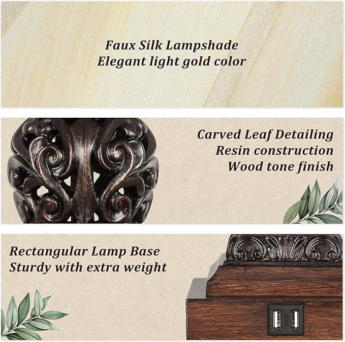Set of 2 Touch Control 3-Way Dimmable Table Lamps with 2 USB Charging Ports Traditional Bedside Lamps with Bell Shape Faux Silk Shade & Brown Base for Bedroom Nightstand Living Room LED Bulbs Included