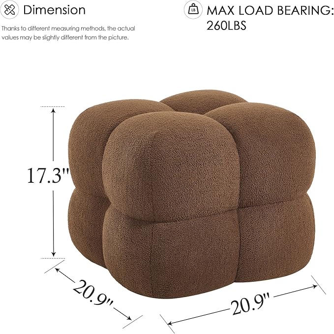 Zesthouse Square Pouf Ottoman Footstool, Modern Ottoman Coffee Table for Living Room, Poofy Boucle Stool Foot Rest, Upholstered Tufted Stool for Couch, Cube Makeup Vanity Chair Backless, Brown Reddish