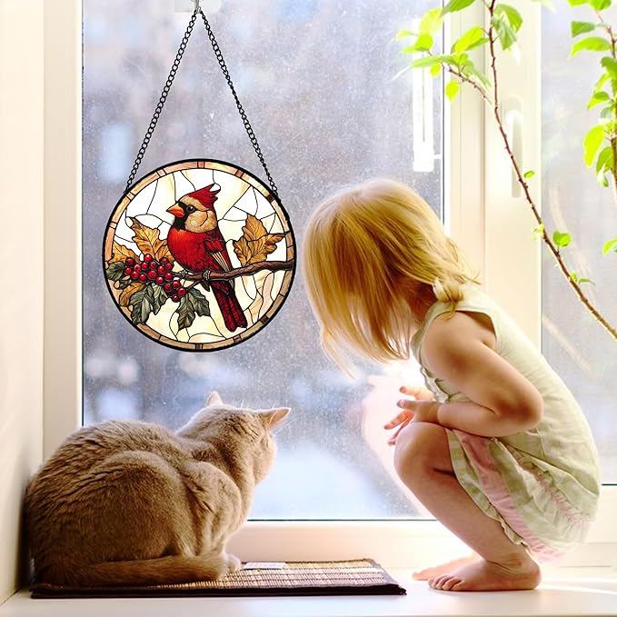 Stained Glass Window Hanging, Birds on a Branch Cardinal Sun Catchers Diamond Glass Panel Hangings Suncatcher Decor for Birthday for Women, Men, Wife, Aunt,and Mom 7.8X7.8IN
