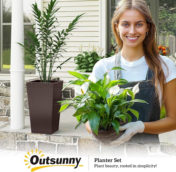 Outsunny Tall Planters for Outdoor Plants Set of 3, 24 in Taper Planters with Drainage Holes, Rattan Decor Plant Pots for Indoor Outdoor Front Porch Patio Backyard, Brown